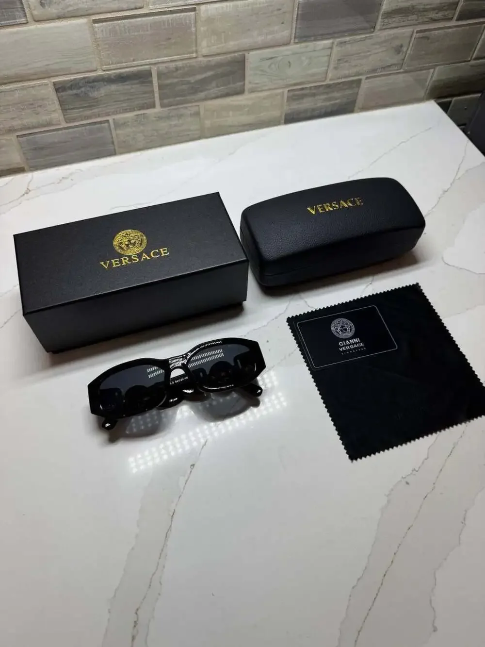 Versace VE4377 Black Logo Rectangular Sunglasses with Case and Box